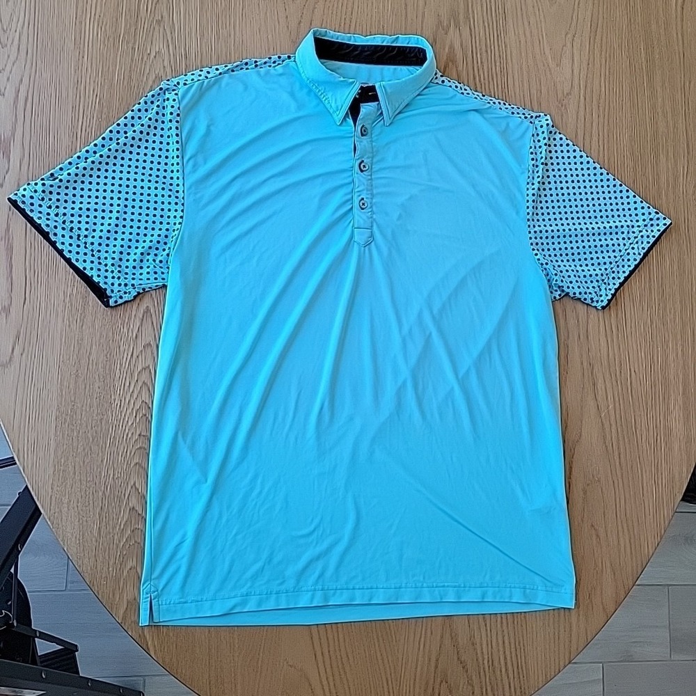 G‎ Mac By Kartel Shirt Men's Large Blue Teal Short Sleeve Stretch Golf Polo Dots